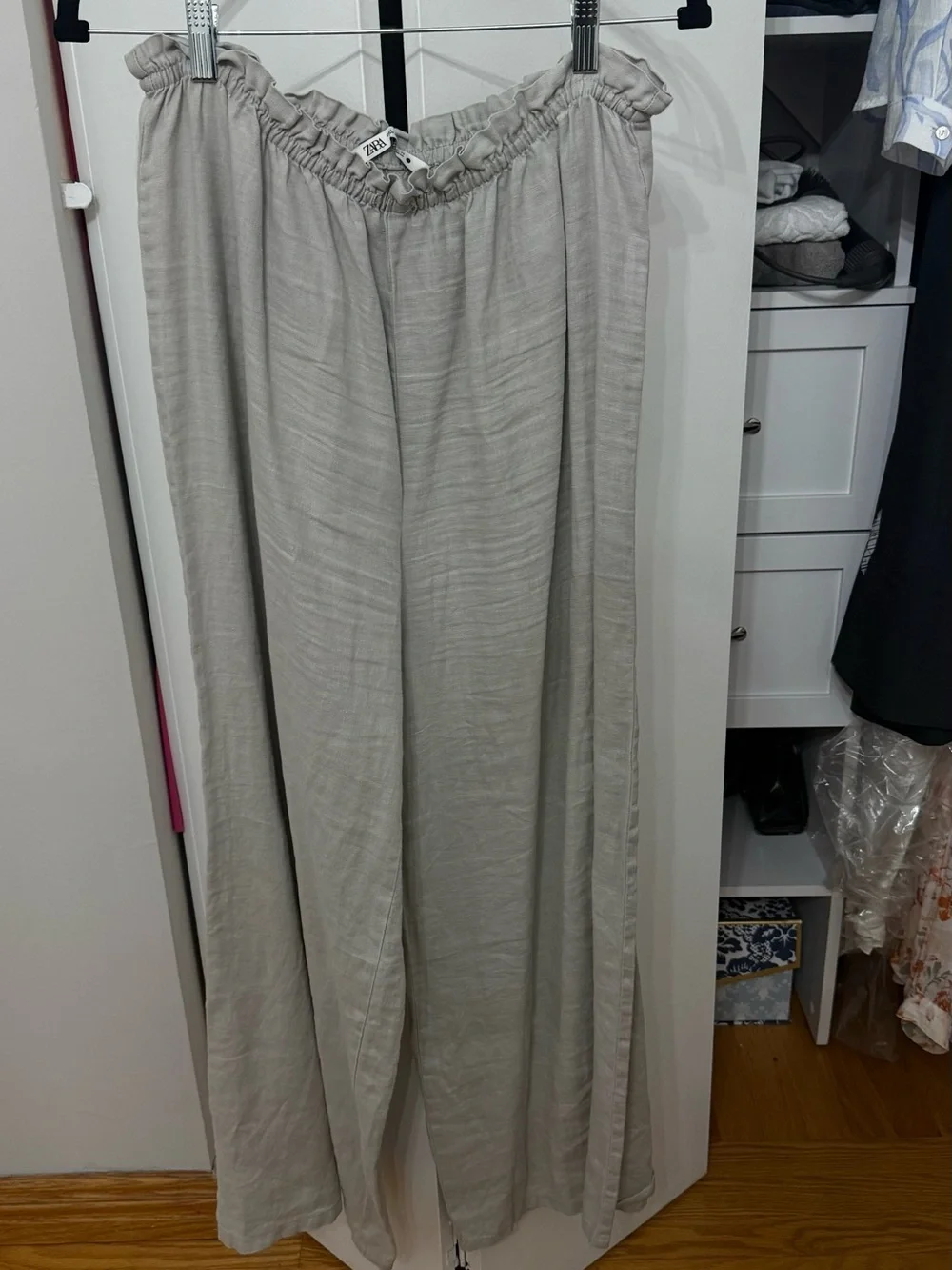 Zara Light Gray Wide-Leg Linen Blend Pants size L